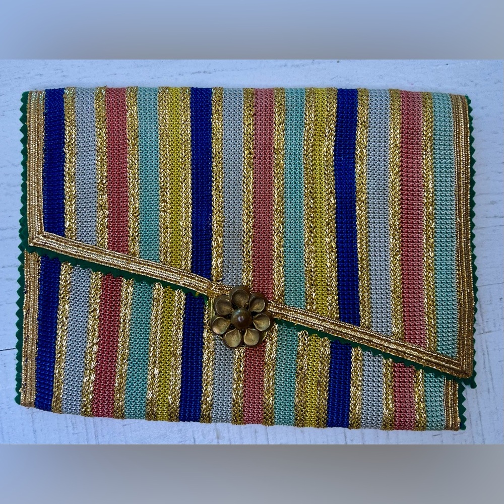 Multicolor Striped Clutch with Wooden Flower Button